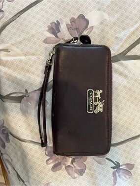 Coach Plum Leather Zip Wristlet with Gold Logo
